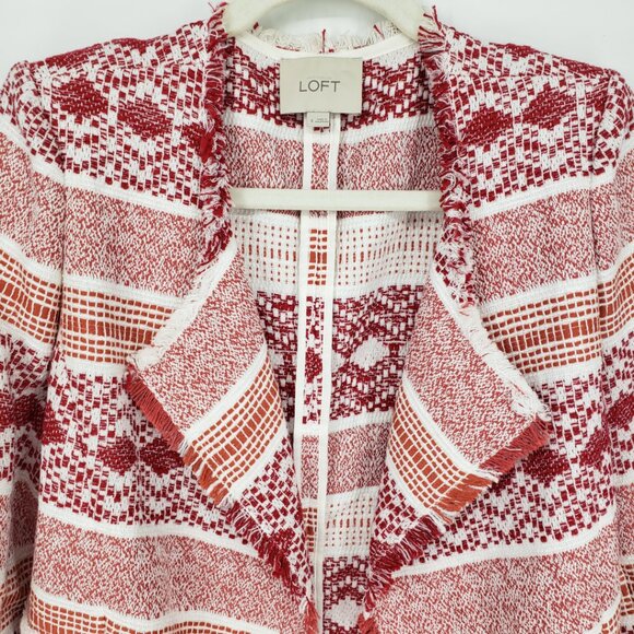 LOFT Fringe Trim Geometric Tweed Open Front Blazer Jacket 4 Red Orange - Picture 6 of 9